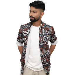 Look Me Apparel Men Brown Tribal Printed Shirt | Full Sleeve | Two Chest Pockets | Casual Fit | Cotton Blend - M, Multicolor