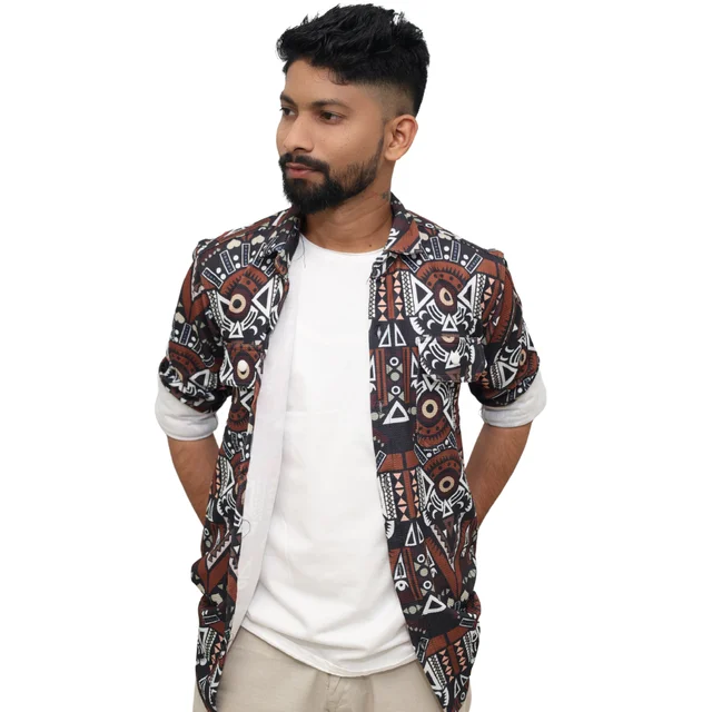 Look Me Apparel Men Brown Tribal Printed Shirt | Full Sleeve | Two Chest Pockets | Casual Fit | Cotton Blend - M, Multicolor