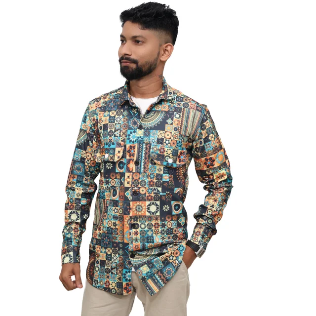 Look Me Apparel Men Multicolor Artistic Printed Shirt | Full Sleeve | Casual Fit | Festival & Party Wear - M, Multicolor