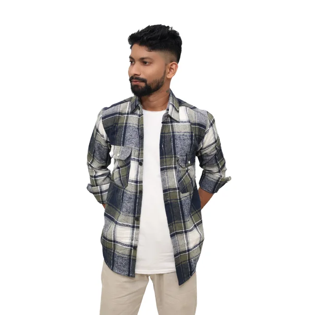 Look Me Apparel Men Multicolor Checked Shirt | Navy, Olive & White | Full Sleeve | Casual Fit | Cotton Flannel - L, Green::White