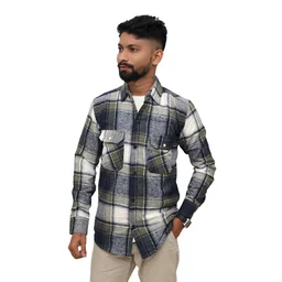 Look Me Apparel Men Multicolor Checked Shirt | Navy, Olive & White | Full Sleeve | Casual Fit | Cotton Flannel - L, Green::White
