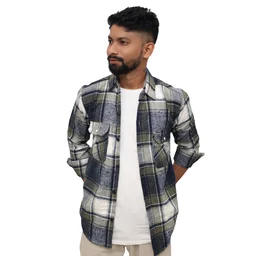 Look Me Apparel Men Multicolor Checked Shirt | Navy, Olive & White | Full Sleeve | Casual Fit | Cotton Flannel - L, Green::White