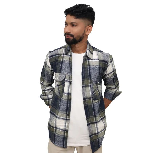 Look Me Apparel Men Multicolor Checked Shirt | Navy, Olive & White | Full Sleeve | Casual Fit | Cotton Flannel - L, Green::White