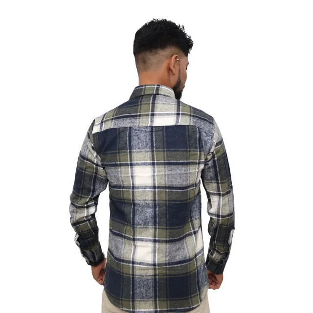 Look Me Apparel Men Multicolor Checked Shirt | Navy, Olive & White | Full Sleeve | Casual Fit | Cotton Flannel - L, Green::White