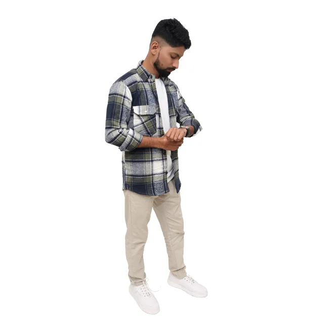 Look Me Apparel Men Multicolor Checked Shirt | Navy, Olive & White | Full Sleeve | Casual Fit | Cotton Flannel - L, Green::White