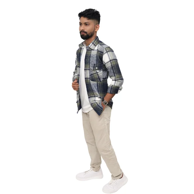 Look Me Apparel Men Multicolor Checked Shirt | Navy, Olive & White | Full Sleeve | Casual Fit | Cotton Flannel - L, Green::White