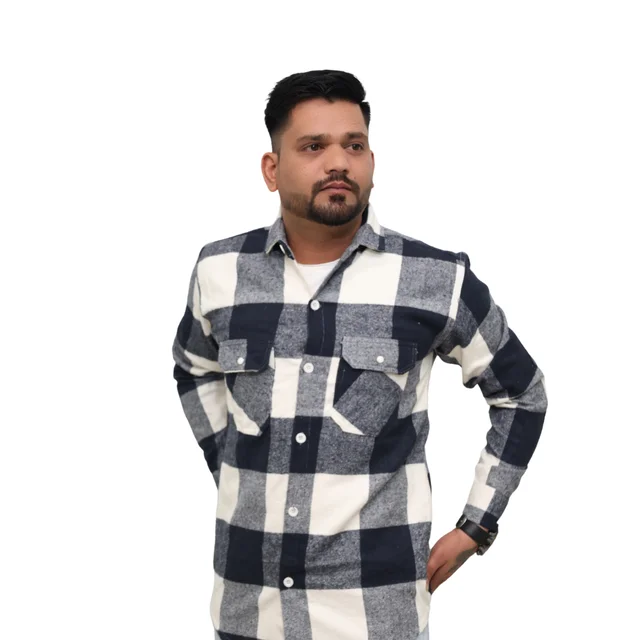 Look Me Apparel Men Navy Blue & White Checked Shirt | Full Sleeve | Casual Fit | Brushed Cotton Flannel - L, Blue::White