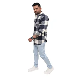 Look Me Apparel Men Navy Blue & White Checked Shirt | Full Sleeve | Casual Fit | Brushed Cotton Flannel - L, Blue::White