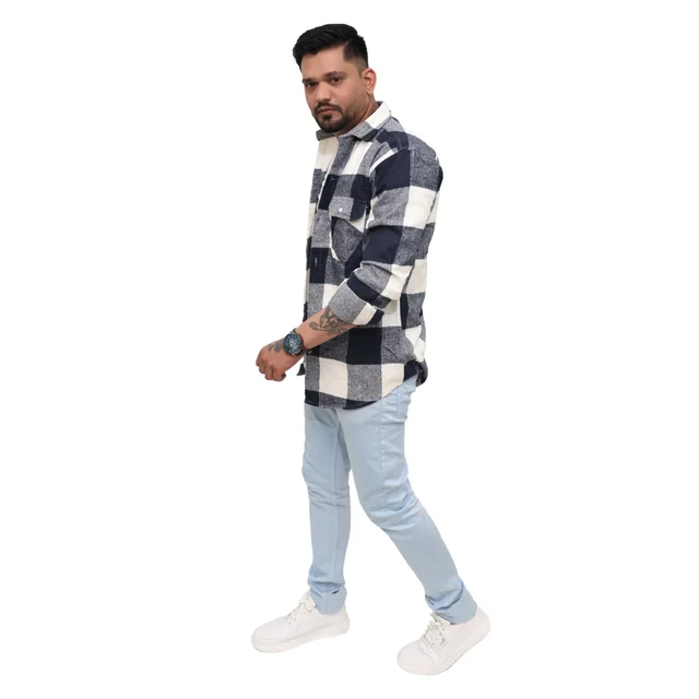 Look Me Apparel Men Navy Blue & White Checked Shirt | Full Sleeve | Casual Fit | Brushed Cotton Flannel - L, Blue::White