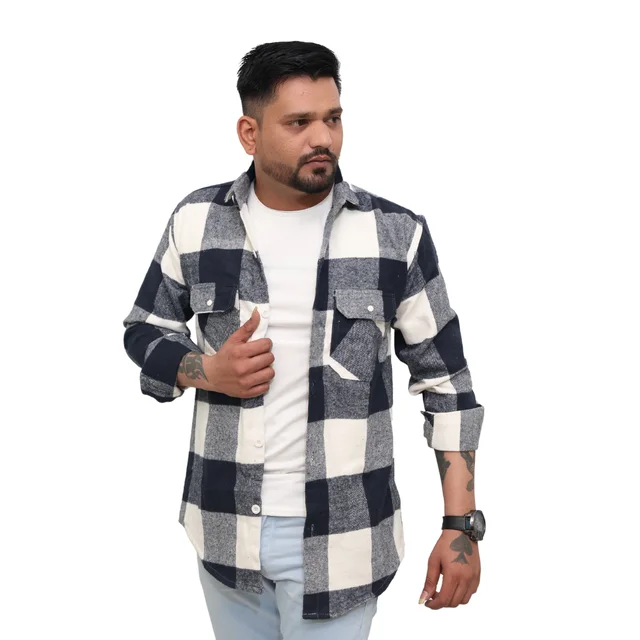 Look Me Apparel Men Navy Blue & White Checked Shirt | Full Sleeve | Casual Fit | Brushed Cotton Flannel - L, Blue::White