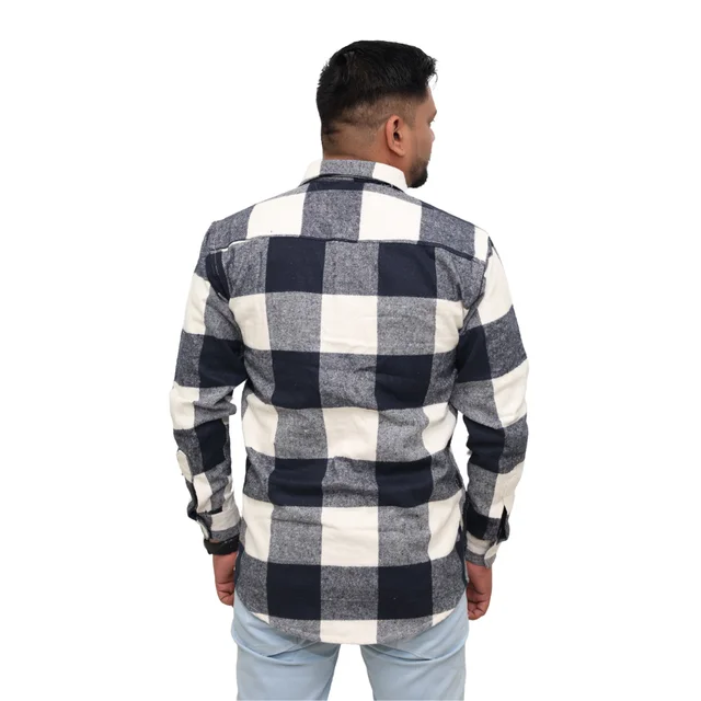 Look Me Apparel Men Navy Blue & White Checked Shirt | Full Sleeve | Casual Fit | Brushed Cotton Flannel - L, Blue::White