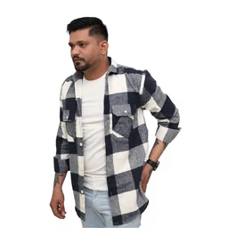 Look Me Apparel Men Navy Blue & White Checked Shirt | Full Sleeve | Casual Fit | Brushed Cotton Flannel - L, Blue::White