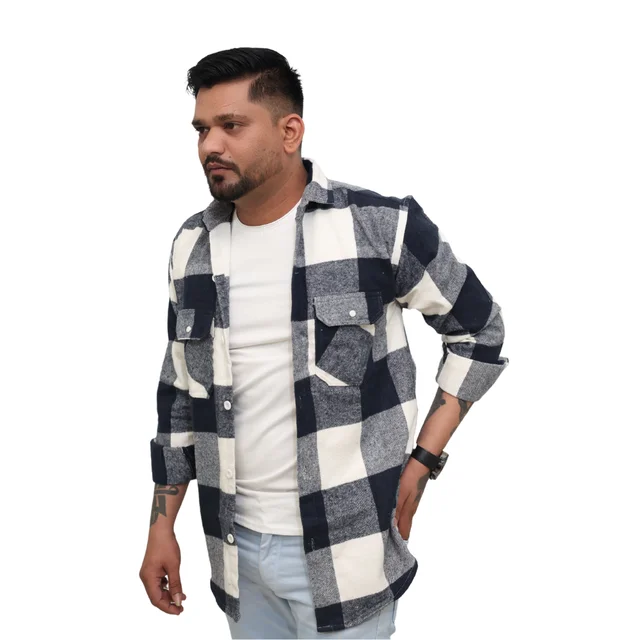 Look Me Apparel Men Navy Blue & White Checked Shirt | Full Sleeve | Casual Fit | Brushed Cotton Flannel - L, Blue::White
