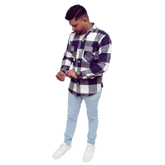 Look Me Apparel Men Navy Blue & White Checked Shirt | Full Sleeve | Casual Fit | Brushed Cotton Flannel - L, Blue::White