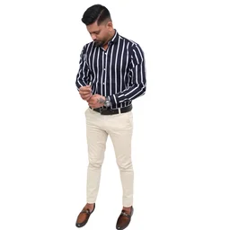 Look Me Apparel Men Navy Blue & White Striped Shirt | Full Sleeve | Slim Fit | Formal & Casual Wear | Cotton Blend - M, Blue