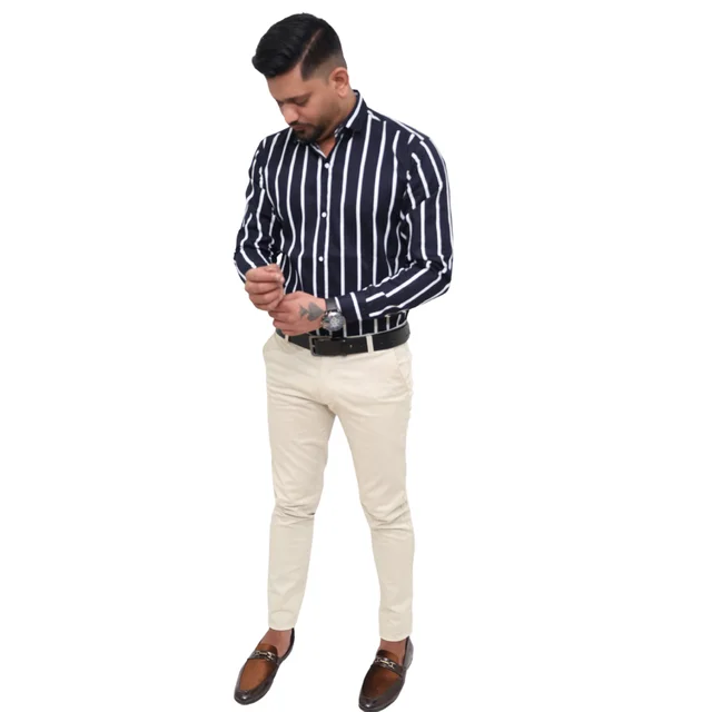 Look Me Apparel Men Navy Blue & White Striped Shirt | Full Sleeve | Slim Fit | Formal & Casual Wear | Cotton Blend - M, Blue