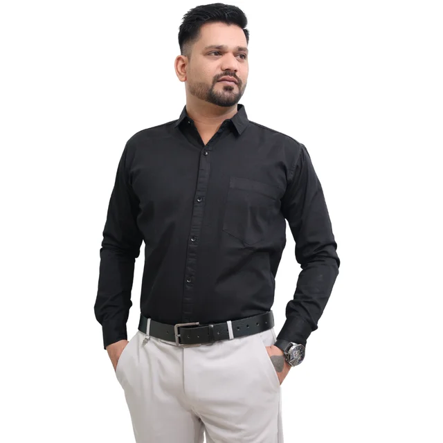 Look Me Apparel Men Solid Black Regular Fit Full Sleeve Cotton Blend Formal Shirt with Spread Collar - L, Black