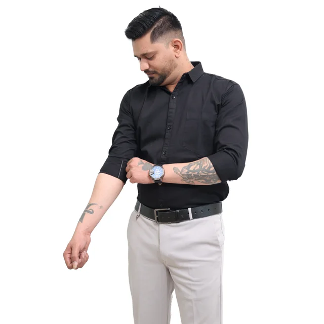 Look Me Apparel Men Solid Black Regular Fit Full Sleeve Cotton Blend Formal Shirt with Spread Collar - L, Black