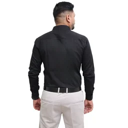 Look Me Apparel Men Solid Black Regular Fit Full Sleeve Cotton Blend Formal Shirt with Spread Collar - L, Black