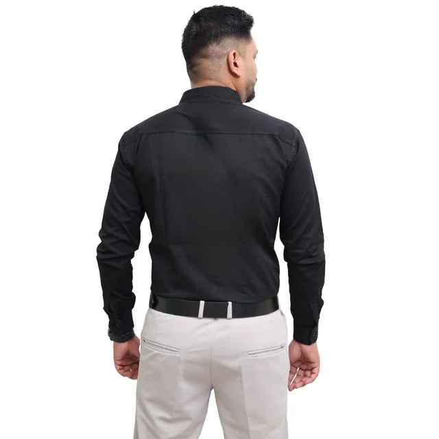 Look Me Apparel Men Solid Black Regular Fit Full Sleeve Cotton Blend Formal Shirt with Spread Collar - L, Black
