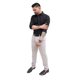 Look Me Apparel Men Solid Black Regular Fit Full Sleeve Cotton Blend Formal Shirt with Spread Collar - L, Black
