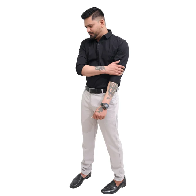 Look Me Apparel Men Solid Black Regular Fit Full Sleeve Cotton Blend Formal Shirt with Spread Collar - L, Black