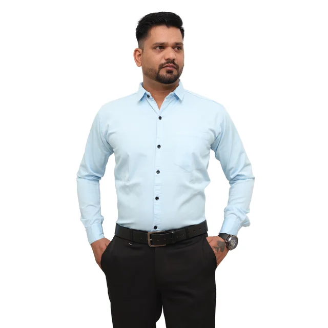 Look Me Apparel Men Solid Blue Regular Fit Full Sleeve Cotton Blend Formal Shirt with Spread Collar - L, Blue