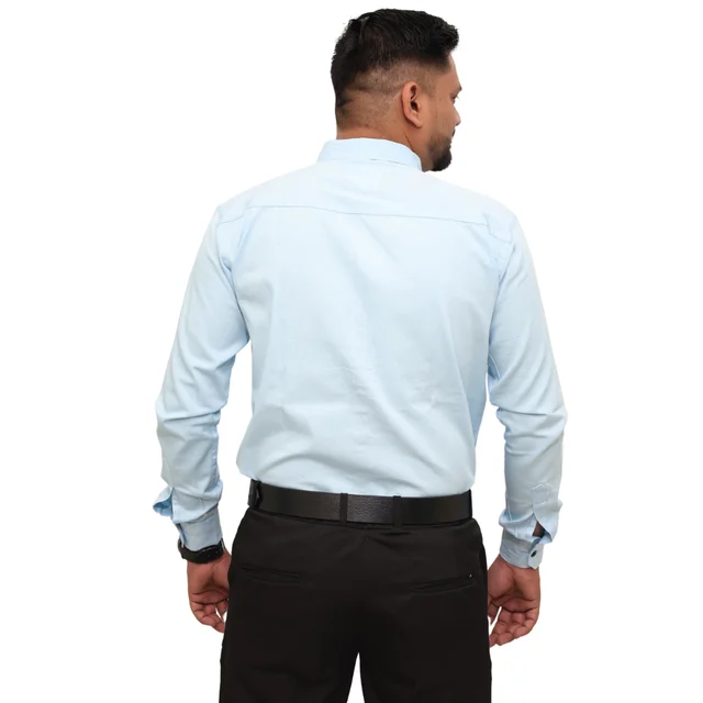Look Me Apparel Men Solid Blue Regular Fit Full Sleeve Cotton Blend Formal Shirt with Spread Collar - L, Blue