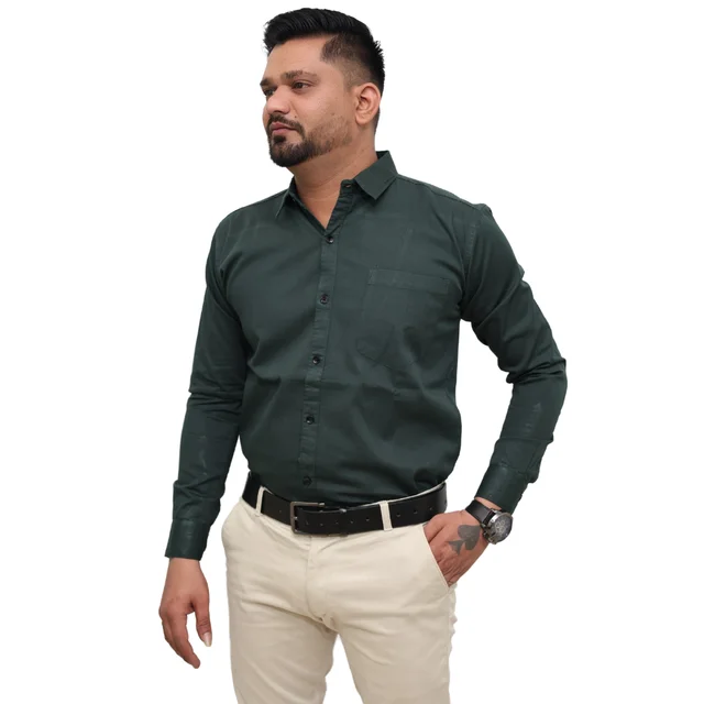Look Me Apparel Men Solid Green Regular Fit Full Sleeve Cotton Blend Formal Shirt with Spread Collar - L, Green