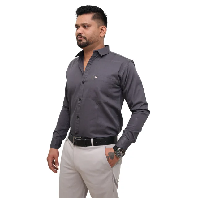 Look Me Apparel Men Solid Grey Regular Fit Full Sleeve Cotton Blend Formal Shirt with Spread Collar - M, Grey
