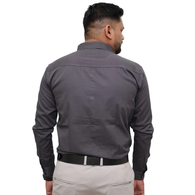Look Me Apparel Men Solid Grey Regular Fit Full Sleeve Cotton Blend Formal Shirt with Spread Collar - M, Grey