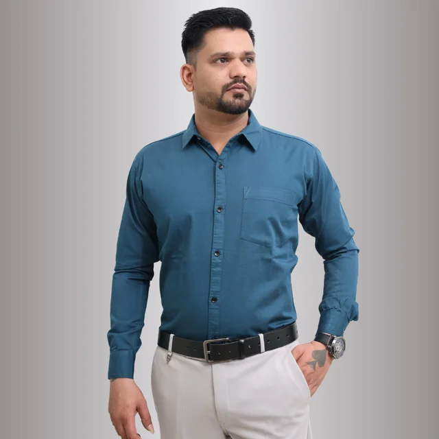 Look Me Apparel Men Solid Teal Regular Fit Full Sleeve Cotton Blend Formal Shirt with Spread Collar - M, Blue