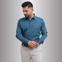 Look Me Apparel Men Solid Teal Regular Fit Full Sleeve Cotton Blend Formal Shirt with Spread Collar - M, Blue