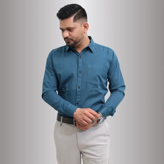Look Me Apparel Men Solid Teal Regular Fit Full Sleeve Cotton Blend Formal Shirt with Spread Collar - M, Blue