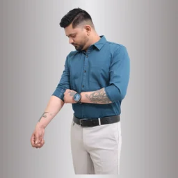 Look Me Apparel Men Solid Teal Regular Fit Full Sleeve Cotton Blend Formal Shirt with Spread Collar - M, Blue