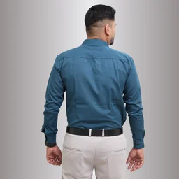 Look Me Apparel Men Solid Teal Regular Fit Full Sleeve Cotton Blend Formal Shirt with Spread Collar - M, Blue