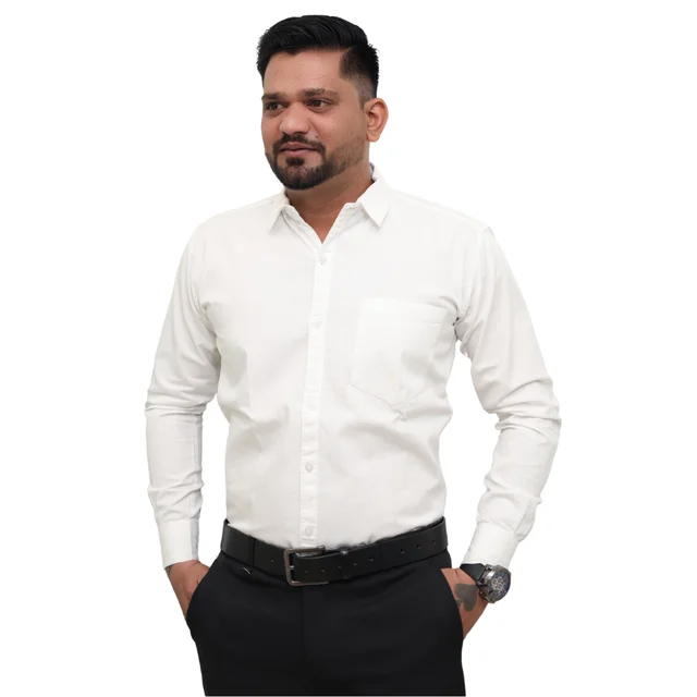 Look Me Apparel Men Solid White Regular Fit Full Sleeve Cotton Blend Formal Shirt with Spread Collar - L, White