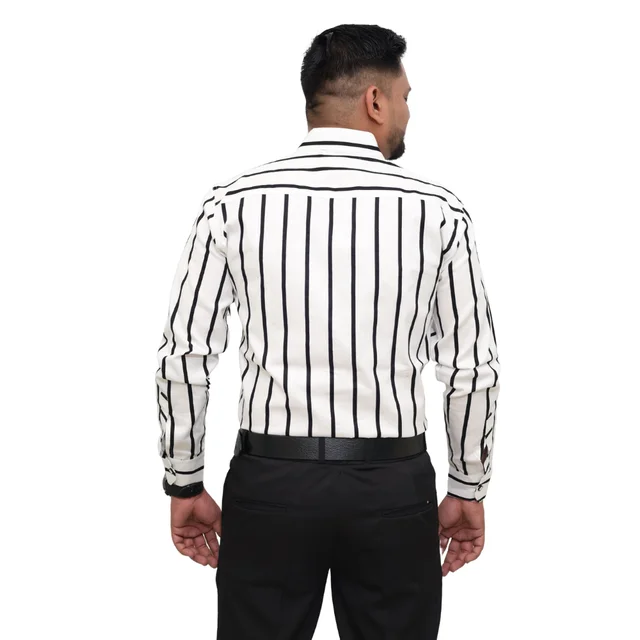 Look Me Apparel Men White & Black Striped Formal Shirt | Full Sleeve | Slim Fit | Office & Business Wear - XL, White
