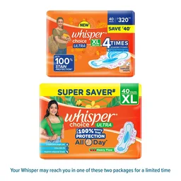 Whisper Choice Sanitary Pads with Wings for Women, XL, 40s Napkins