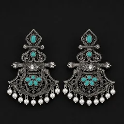 Oxidized Silver Turquoise Pearl Chandbali Earrings