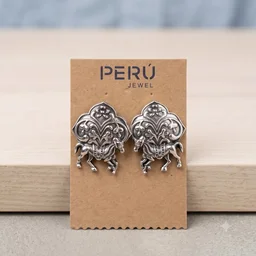 Peru Antique Oxidized Silver Horse Motif Stud Earrings