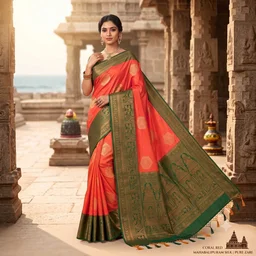 Mahabalipuram Silk Saree (Coral Red & Green)