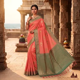 Mahabalipuram Silk Saree (Coral Pink & Sage Green)
