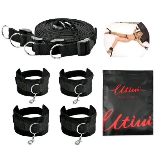 BDSM Bed Restraint Kit Hand Cuffs Ankle Cuff - Couple, Leather, Black