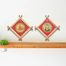 Divine Laxmi and Ganesh Handprinted Palm Leaf Artwork - 0.5 in, 5 in, 5 in