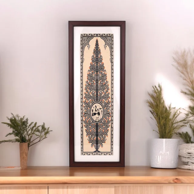 Elegant Tree of Life Pattachitra Painting on Tussar Silk - 0.5 in, 8 in, 22 in