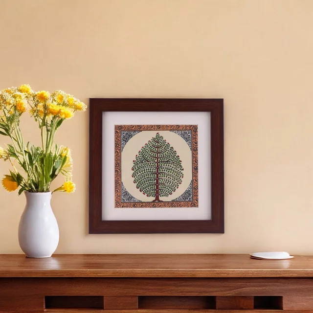 Elegant Tree of Life Pattachitra Table Top Painting on Tussar Silk - 0.5 in, 6.5 in, 6.5 in