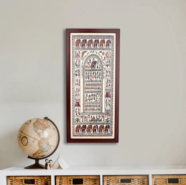 Hand Printed Brown Saura Tribal Painting on Tussar Silk | Framed Artwork - 0.5 in, 10 in, 22 in
