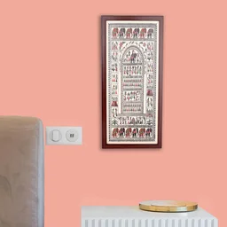 Hand Printed Brown Saura Tribal Painting on Tussar Silk | Framed Artwork - 0.5 in, 10 in, 22 in