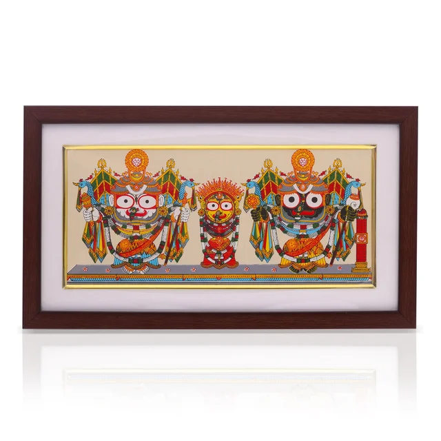 Handprinted Lord Jagannath, Balabhadra, and Subhadra Pattachitra Painting on Tussar Silk (Nagarjuna Besha) 13 X 7 Inches - 0.5 in, 12 in, 7 in